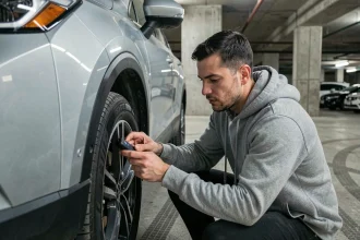 Homme installant une balise GPS sous un SUV dans un parking souterrain