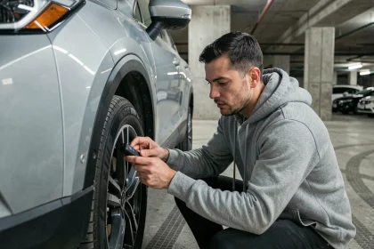 Homme installant une balise GPS sous un SUV dans un parking souterrain