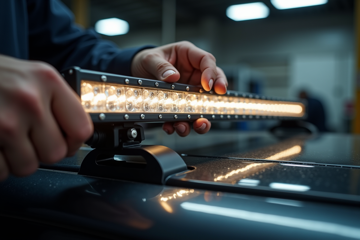 Installation de lampe LED sur un 4x4 dans un garage