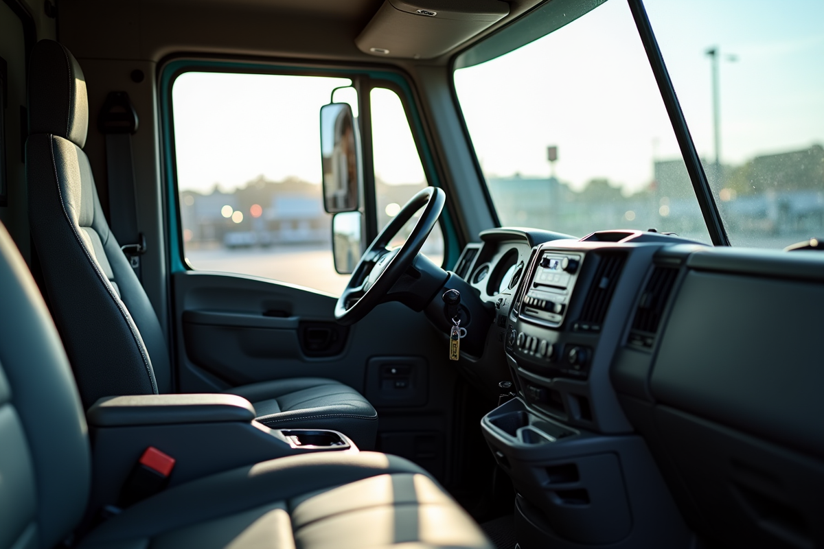 Intérieur du camion de livraison propre avec tableau de bord et siège