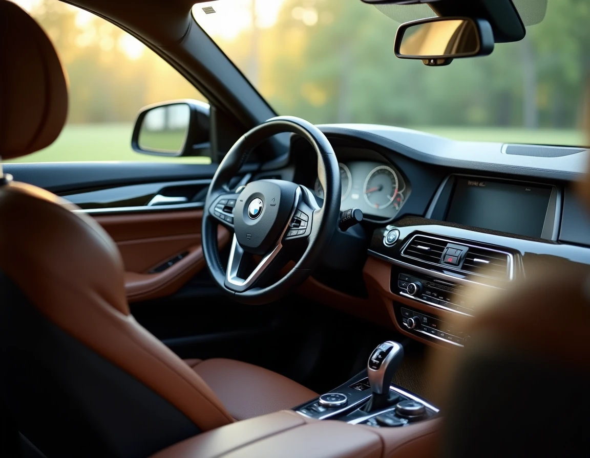 Intérieur cockpit BMW Série 5 F10 avec volant en cuir et console centrale iDrive