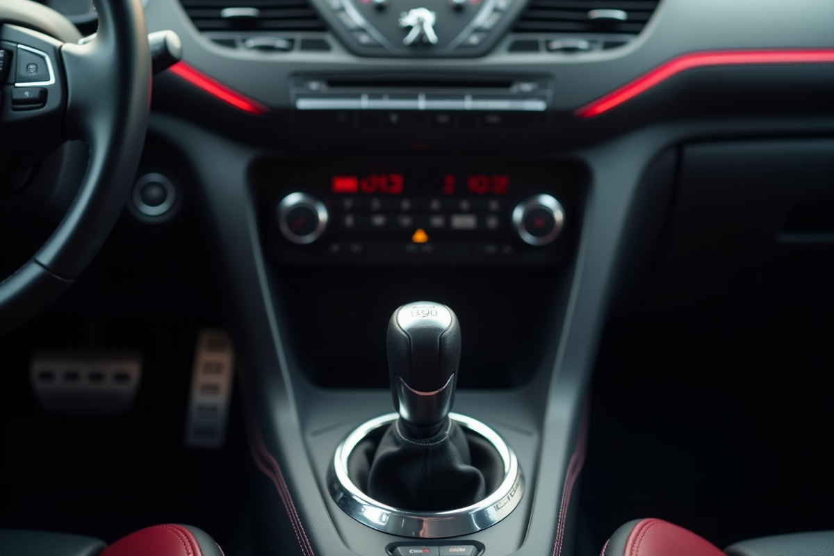 Détail intérieur Peugeot 308 GTI avec levier de vitesse