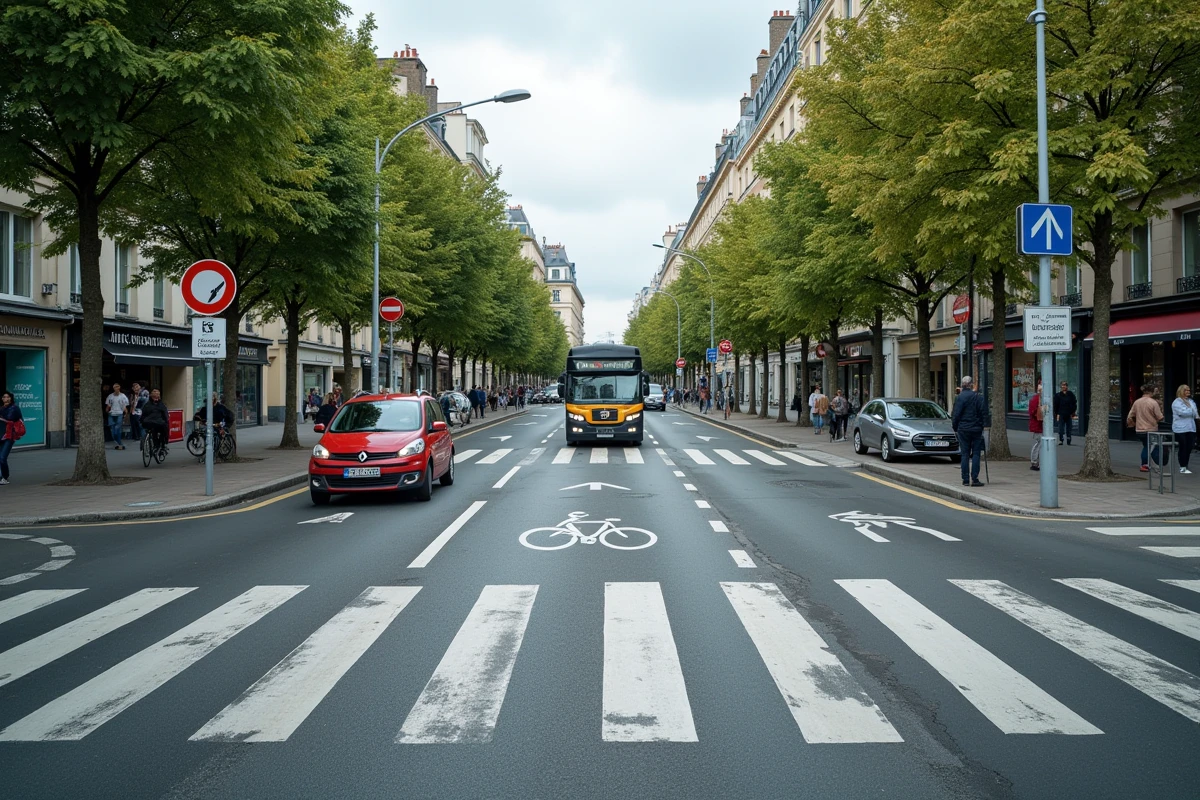 Intersection urbaine française avec panneaux de signalisation et marquages au sol pour illustrer les règles de conduite en ville