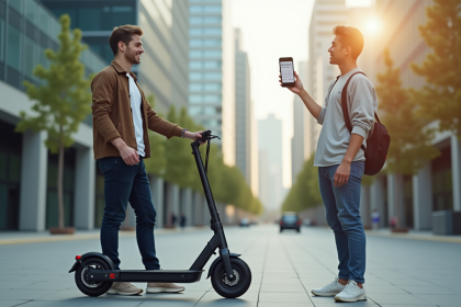Jeune adulte avec scooter électrique et smartphone affichant un certificat d'assurance