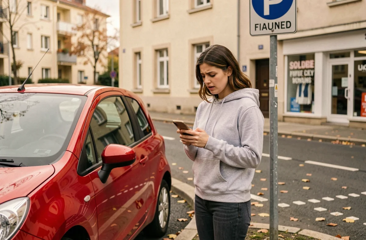 Jeune conductrice debout près de sa voiture consultant son téléphone devant un panneau de zone de livraison avec marquage pointillé au sol