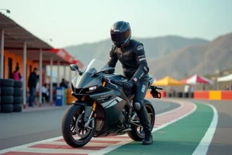 Jeune homme en combinaison de course sur une moto 750cc