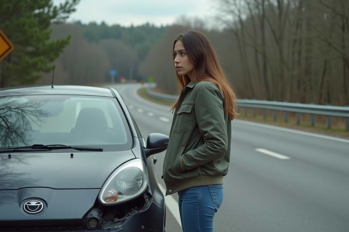 Jeune femme à côté de sa voiture endommagée sur la route