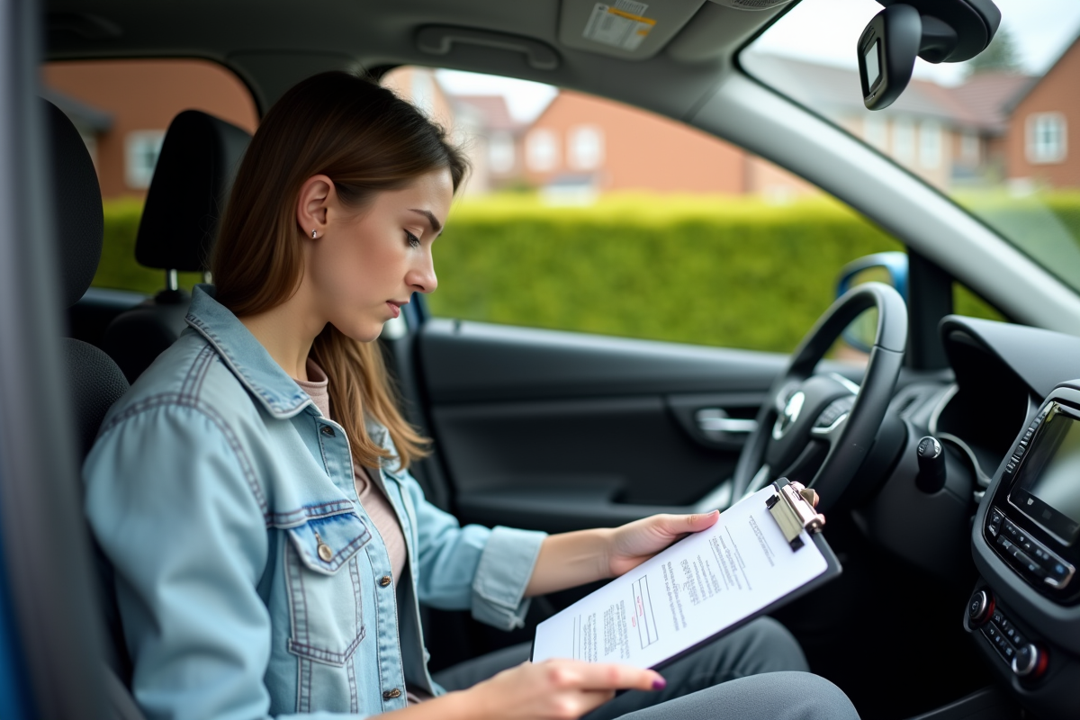Jeune femme remplissant des formulaires d'assurance dans une voiture