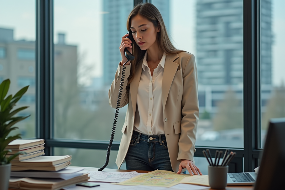 Employée municipale utilisant un téléphone fixe à son bureau