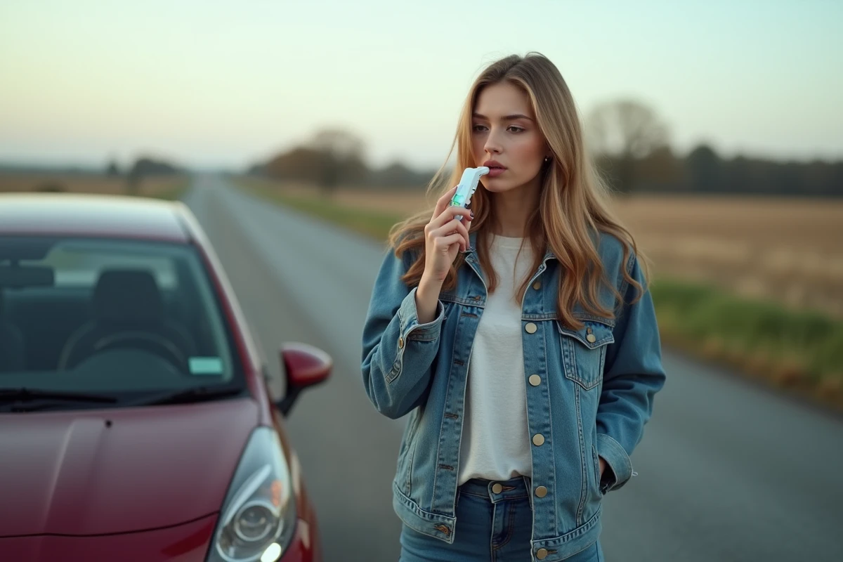 Jeune femme utilisant un breathalyzer en campagne