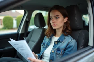 Jeune femme dans sa voiture vérifiant son permis de conduire