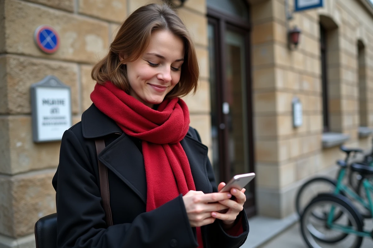 Jeune femme vérifiant son smartphone devant mairie en ville