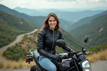 Jeune femme souriante sur une moto en montagne