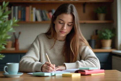 Jeune femme étudie des cartes permis dans une cuisine chaleureuse