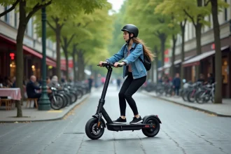 Jeune femme en denim roulant en scooter électrique en ville