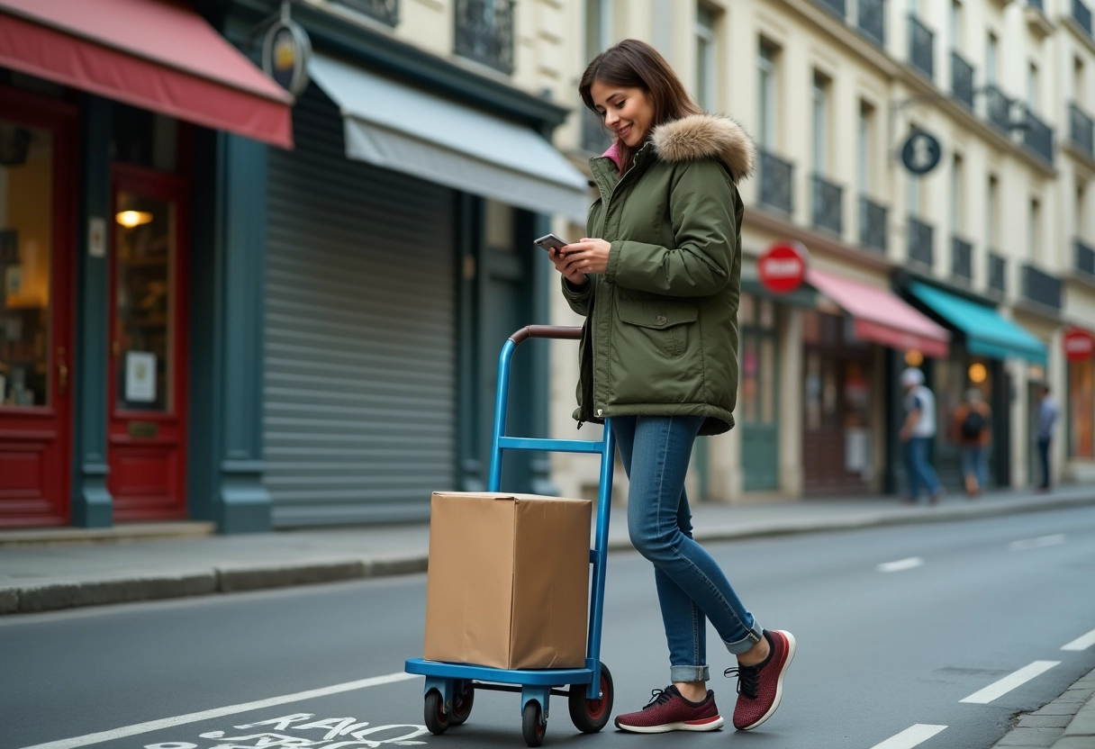 Jeune femme vérifiant son smartphone sur trottoir parisien