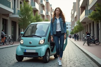 Jeune femme sortant d'une voiture urbaine moderne en ville