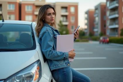 Jeune femme en denim près d'une voiture en parking résidentiel