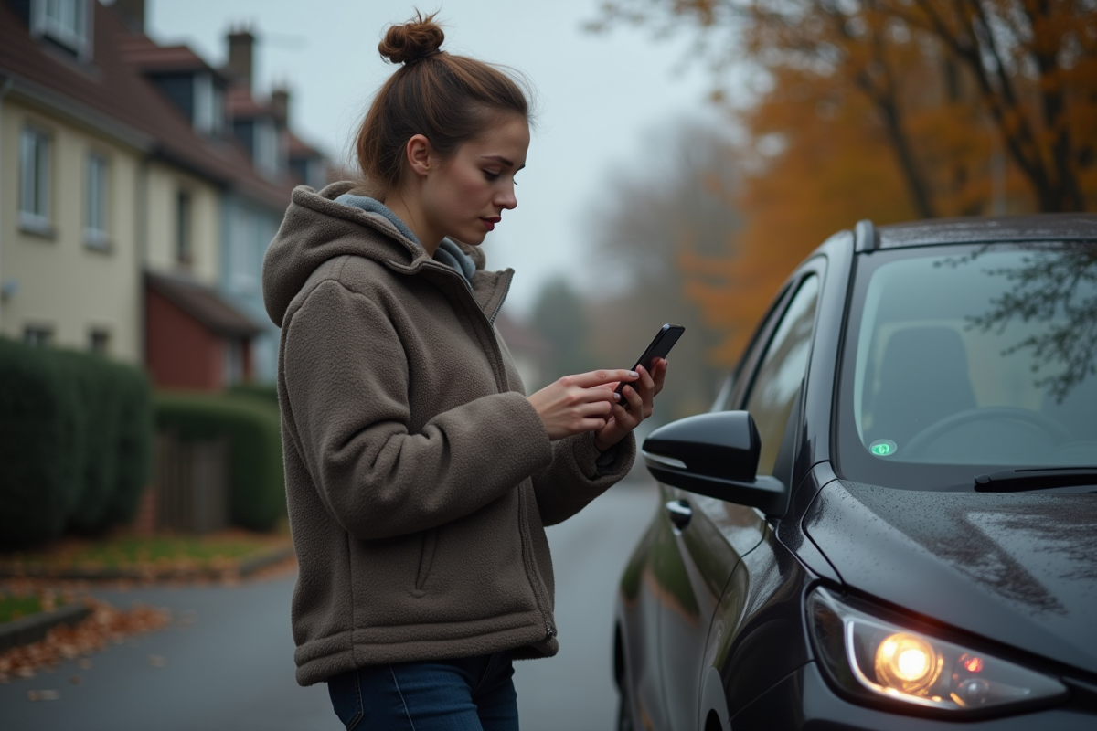 Jeune femme vérifiant le tableau de bord de sa voiture avec un voyant orange allumé