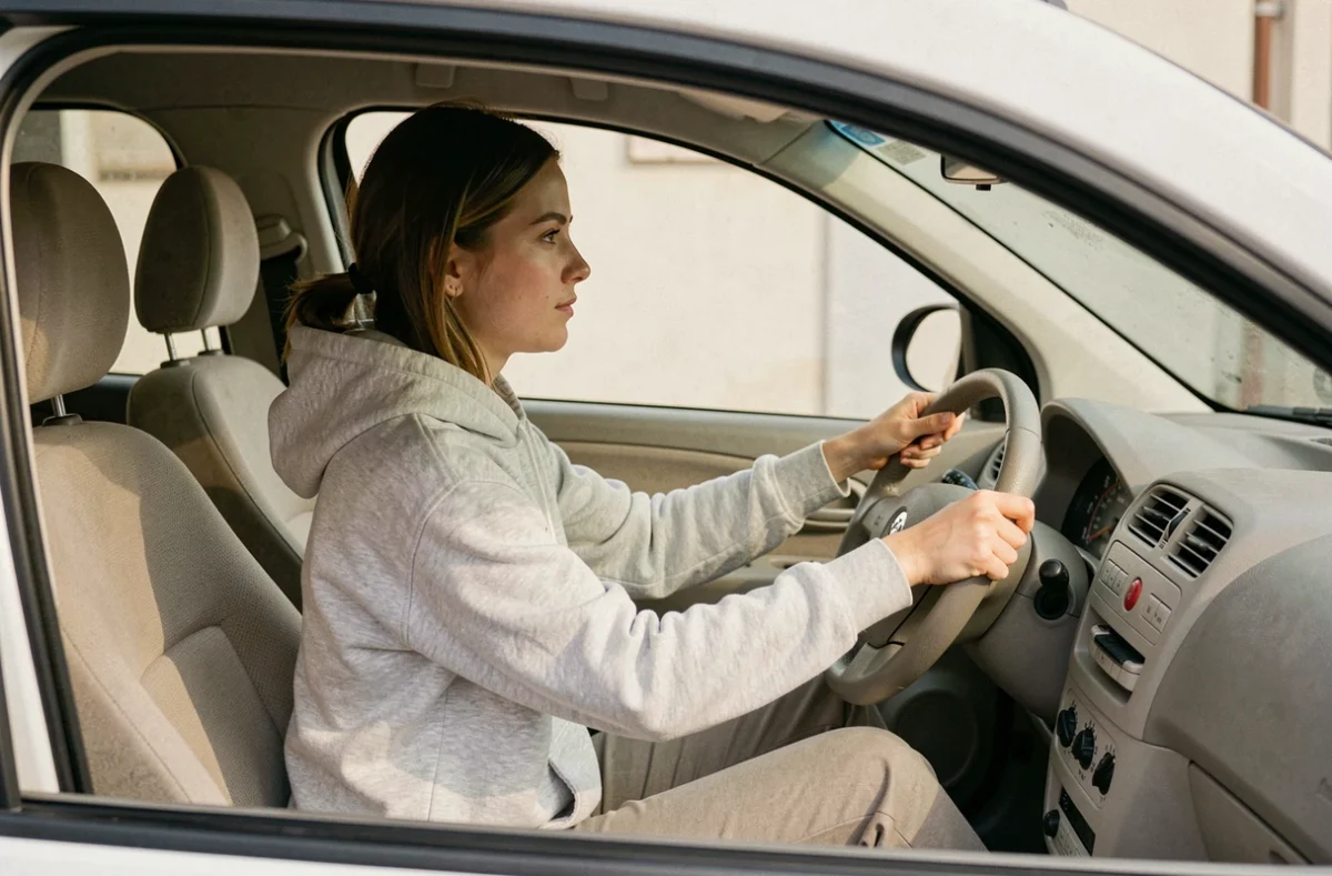 Une jeune femme au volant d'une voiturette sans permis vue de l'extérieur, intérieur fonctionnel visible