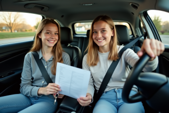 Jeune fille souriante avec parent dans voiture moderne