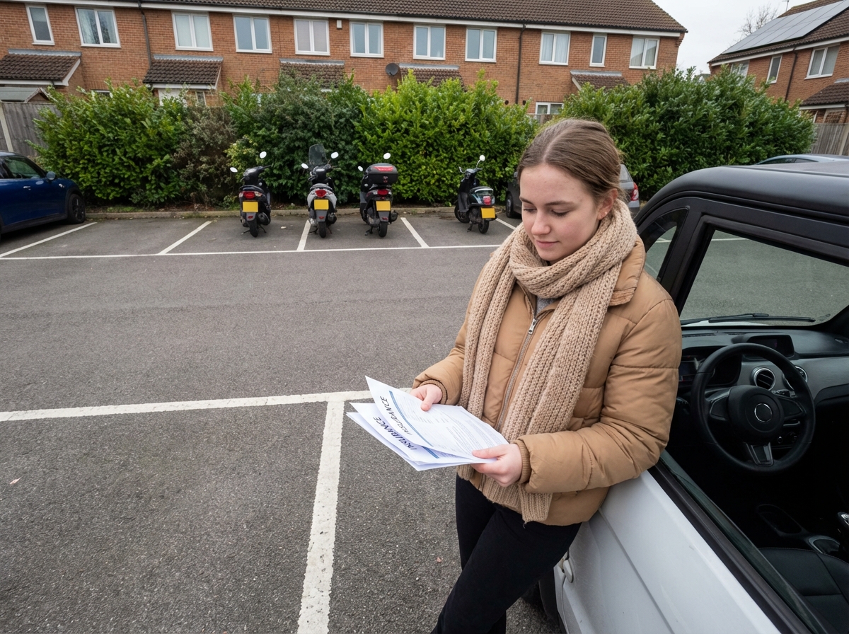 Jeune fille vérifiant ses papiers dans une voiture résidentielle