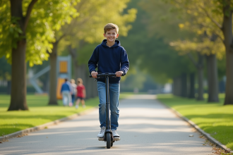 Garçon souriant de 14 ans en hoodie et jeans en balade en scooter