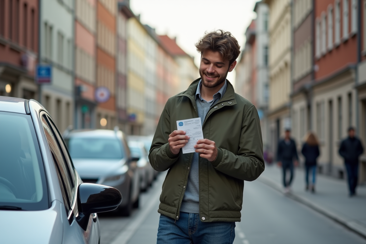 Jeune homme vérifiant son permis de conduire à côté de sa voiture