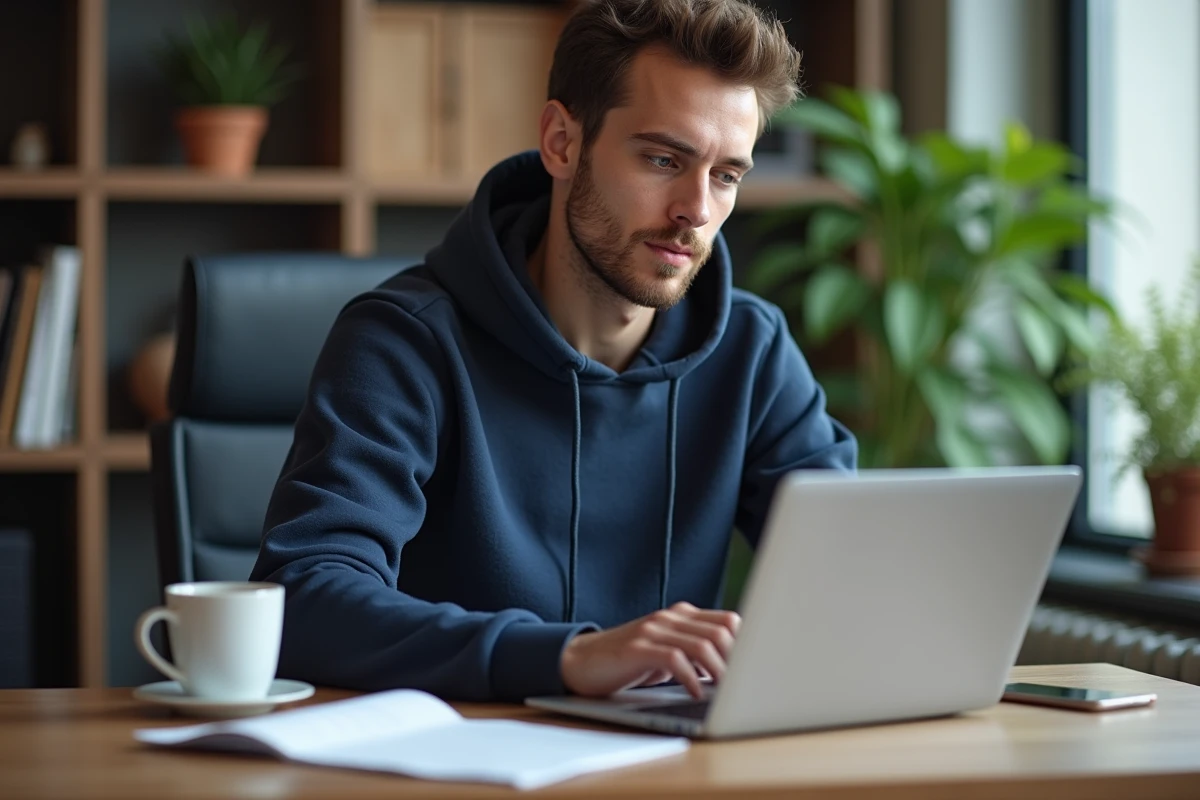Jeune homme concentré sur son ordinateur dans un bureau à domicile