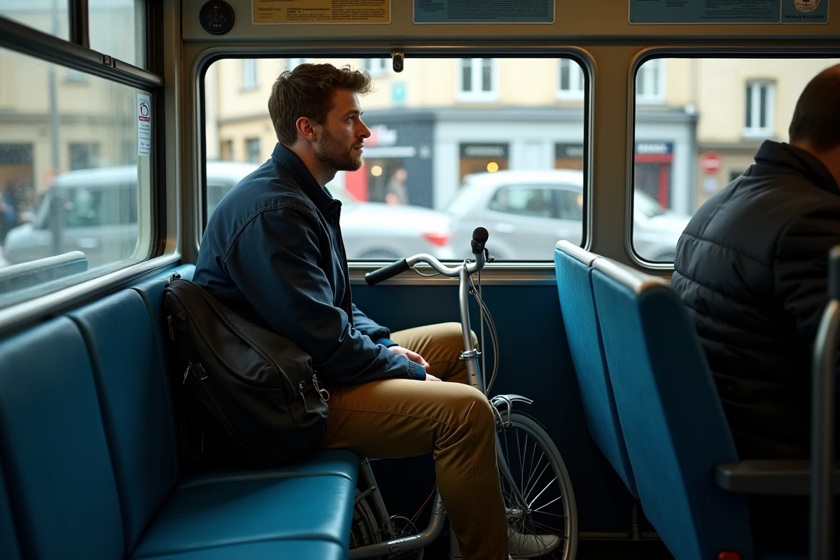 Jeune homme en bus avec vélo et vue urbaine