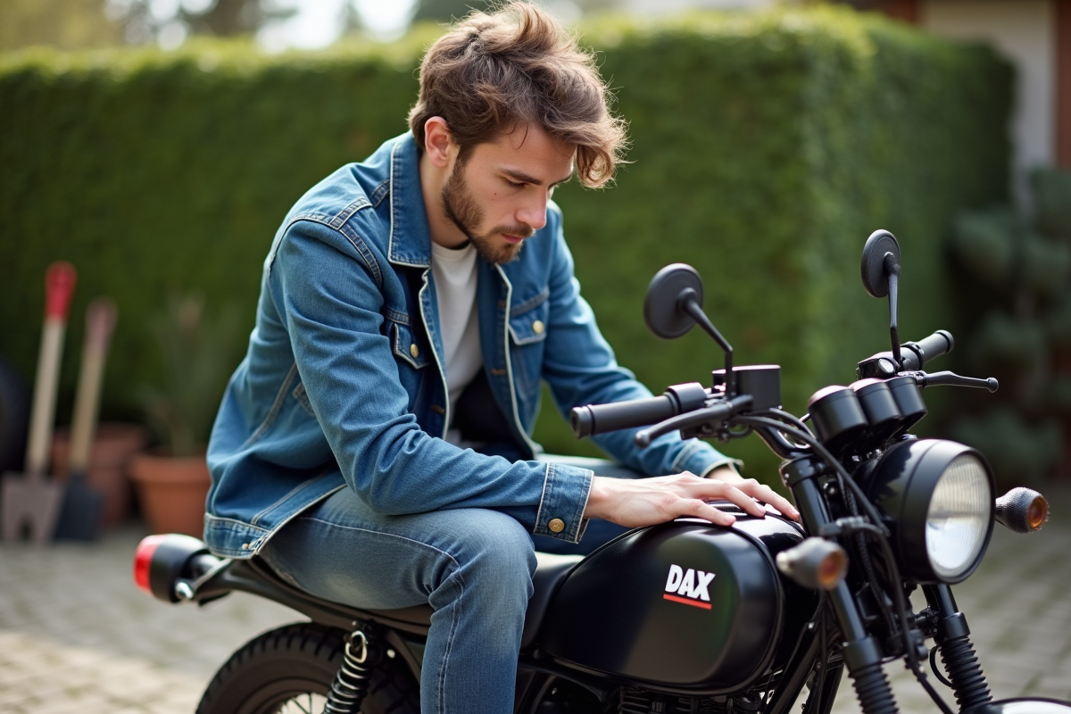 Jeune homme ajustant une housse de selle sur une moto Dax