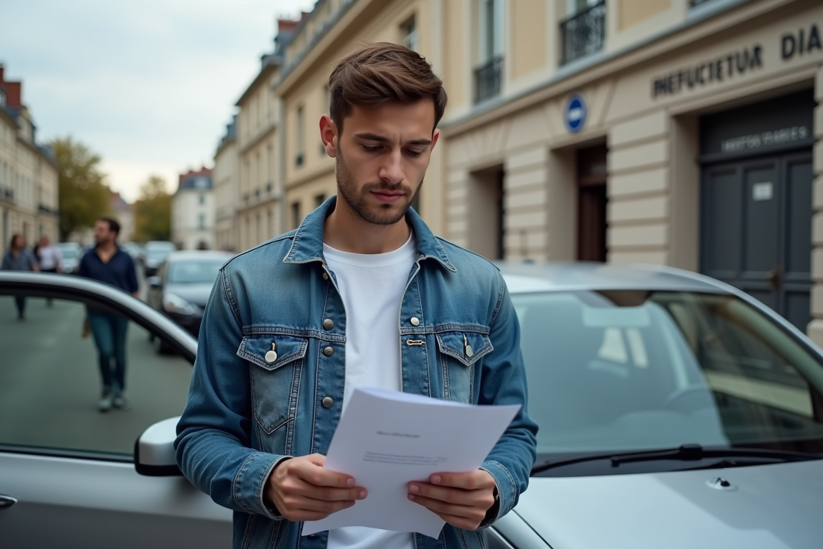 Jeune homme vérifiant ses formulaires devant sa voiture