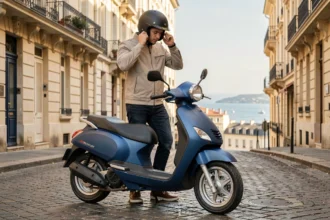 Jeune homme avec un scooter 50cc dans une rue typique de Marseille, prêt à partir avec son casque