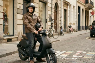 Jeune homme avec un scooter 50cc garé en ville, illustrant le thème de l'assurance scooter 50