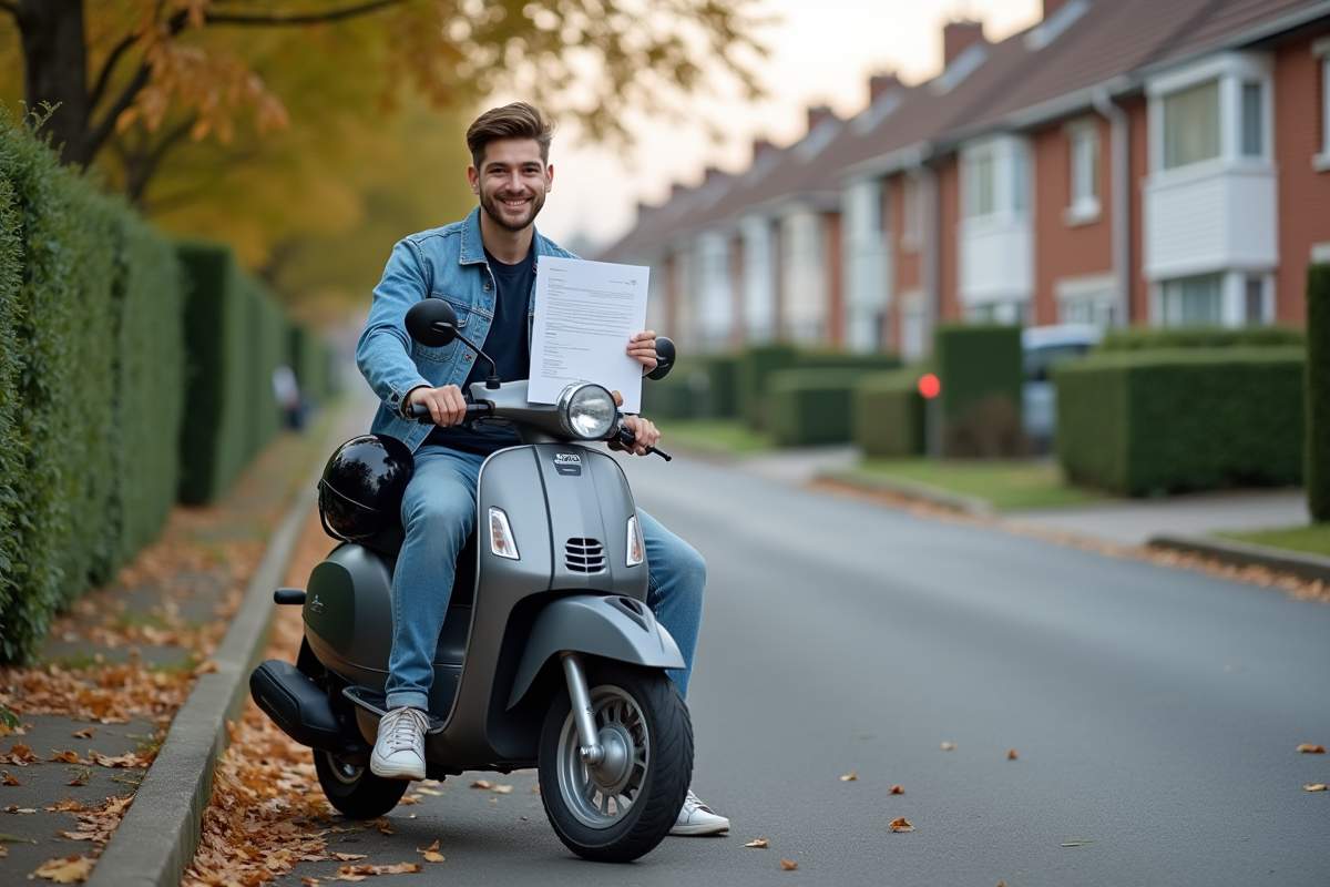 Jeune homme avec scooter et document officiel