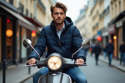 Jeune homme en ville avec scooter 125cc à Paris