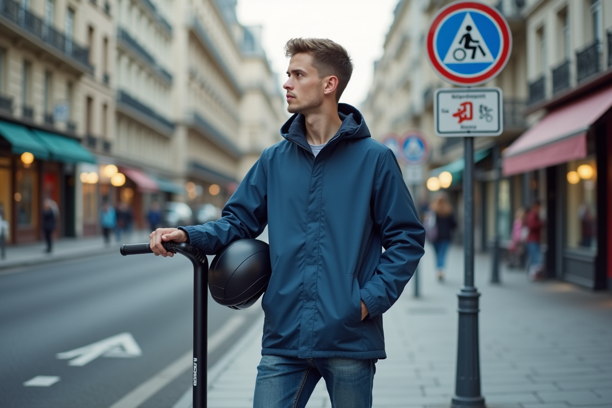 Jeune homme avec scooter électrique et casque à Paris
