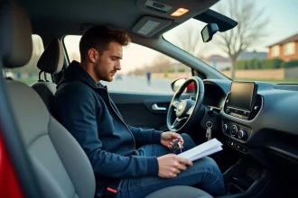 Jeune homme dans une voiture examine un livret
