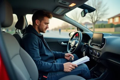Jeune homme dans une voiture examine un livret