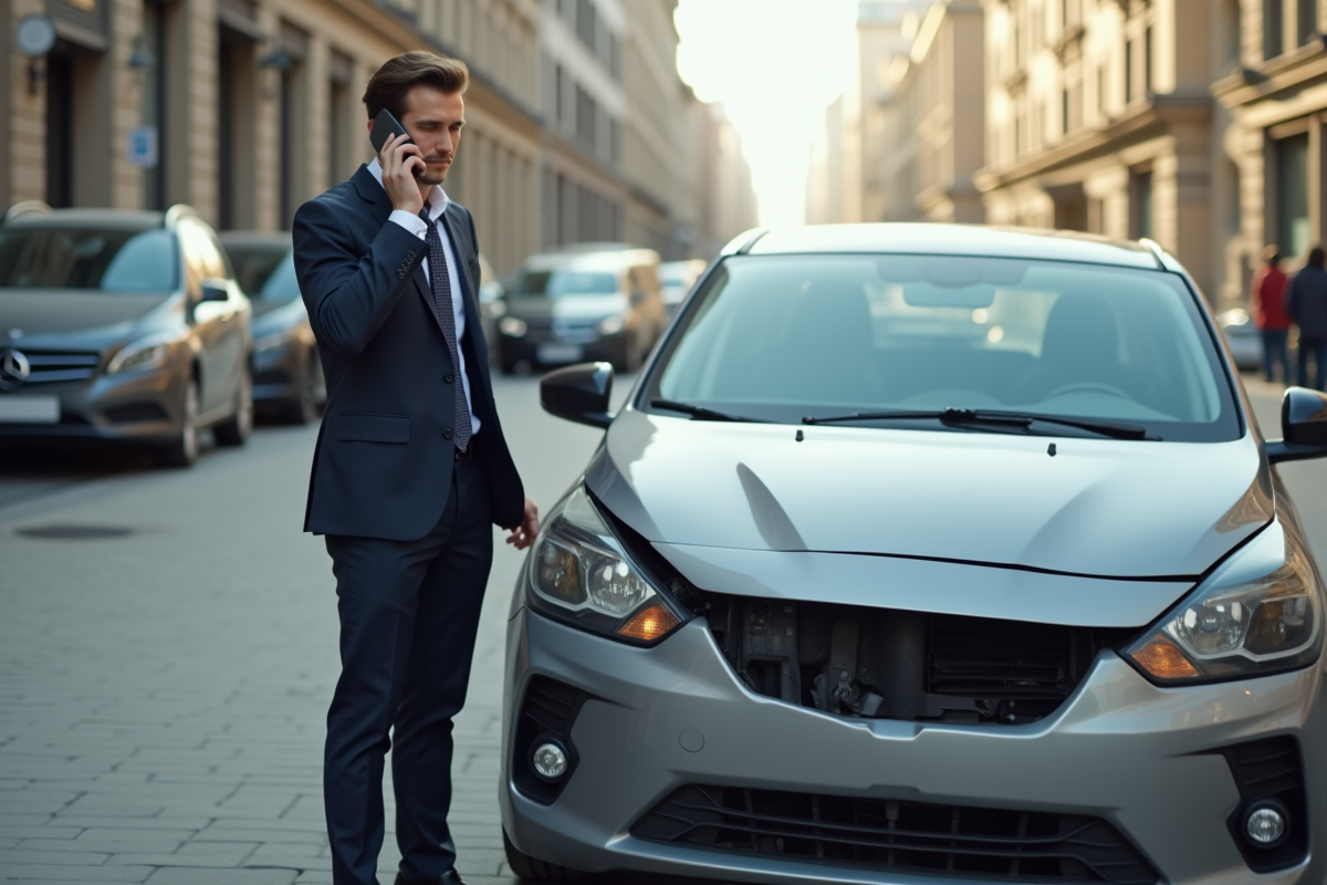 Jeune homme en costume parlant au téléphone près de sa voiture endommagée