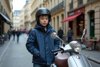 Jeune garçon avec casque scooter à Paris