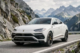 Lamborghini Urus blanc nacré sur une route de montagne alpine, vue 3/4 avant mettant en valeur son design sportif et son gabarit imposant de SUV de luxe