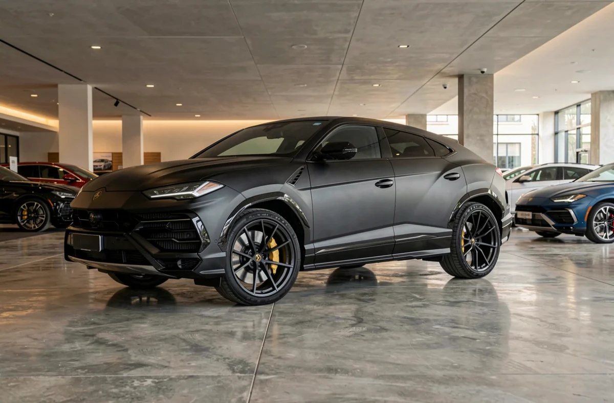 Lamborghini Urus noir mat exposé dans un showroom de voitures de luxe contemporain, reflet sur sol en béton poli, vue grand angle depuis le sol