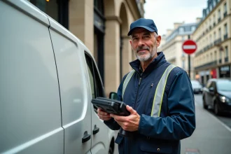 Livreur parisien avec scanner devant van dans rue historique