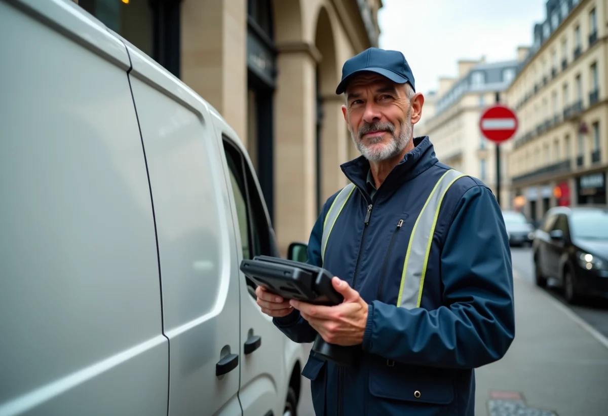 Livreur parisien avec scanner devant van dans rue historique