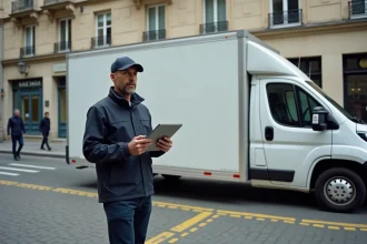 Livreur en uniforme devant un van blanc garé sur une place de livraison à pointillés jaunes dans un arrondissement central de Paris