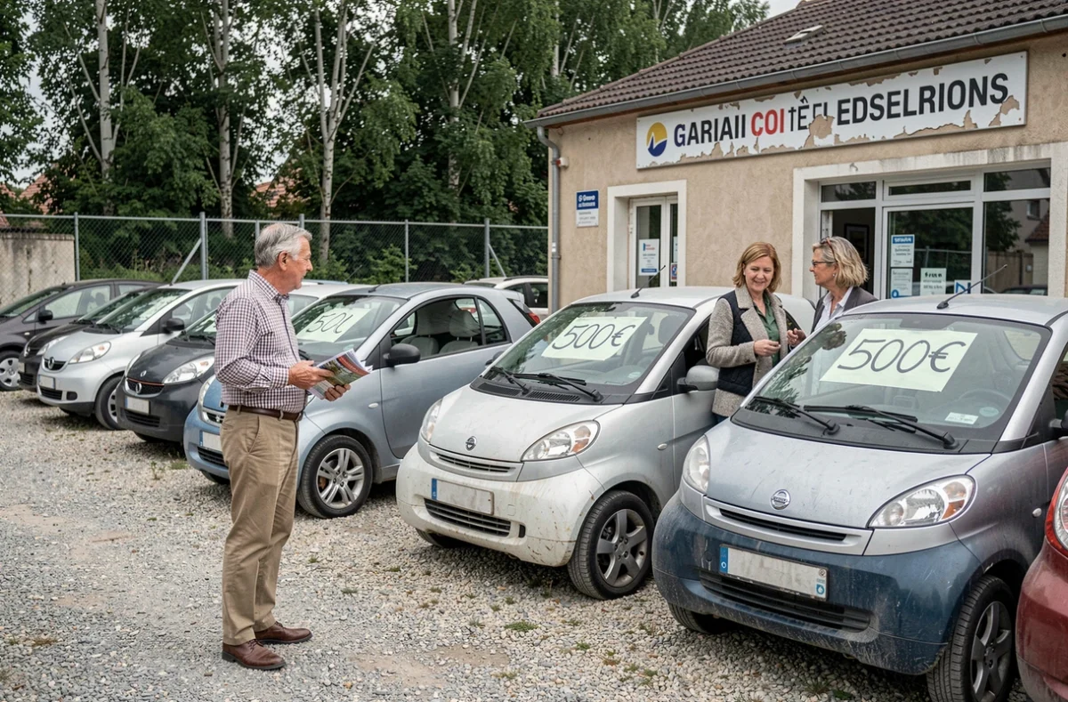 Lot de voitures sans permis d'occasion chez un concessionnaire provincial français avec étiquettes de prix visibles