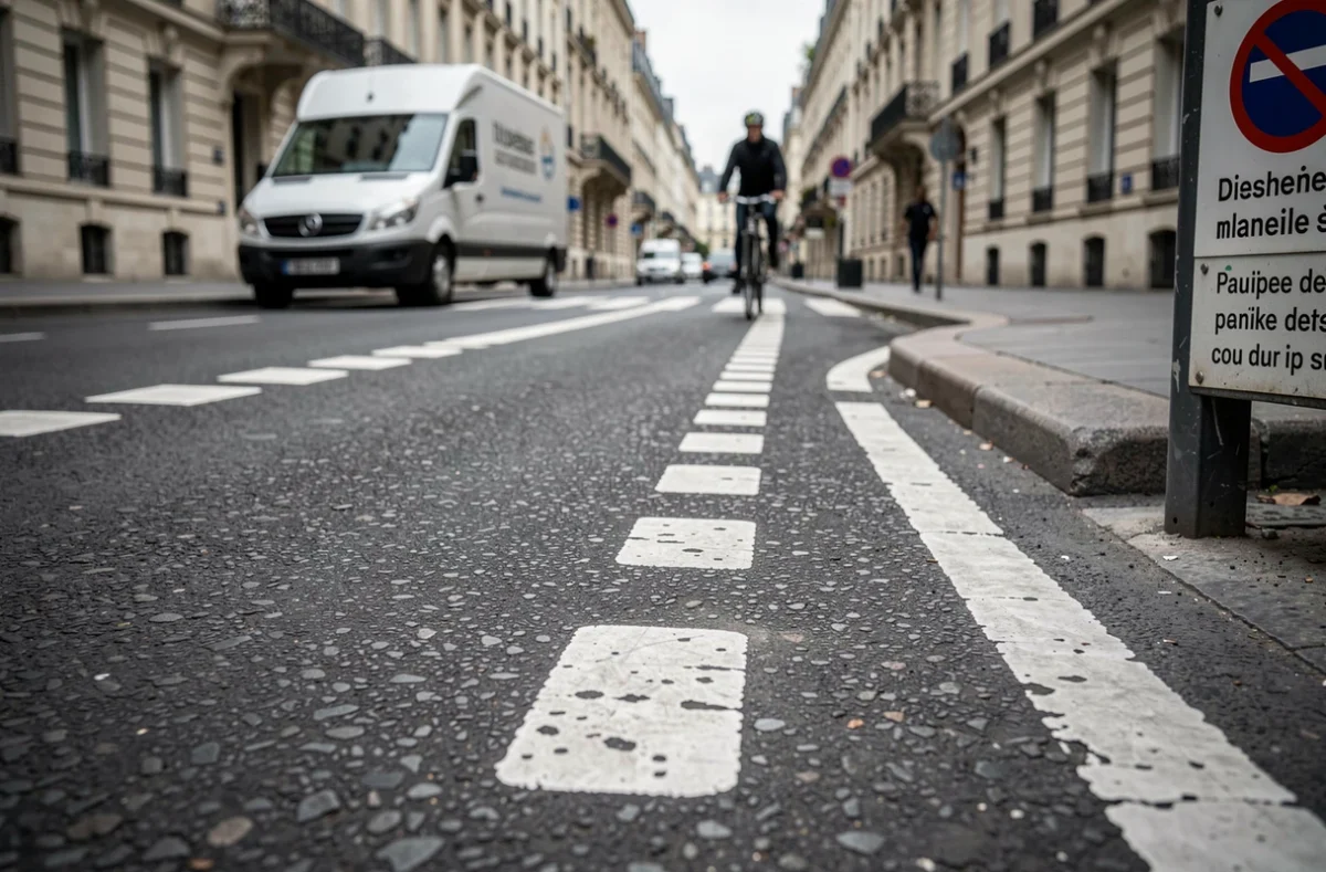 Gros plan sur les lignes pointillées blanches au sol d'une place de livraison en France avec panneau de signalisation visible