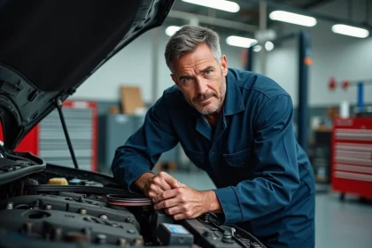 Mécanicien automobile retirant une courroie de distribution usée dans un atelier professionnel