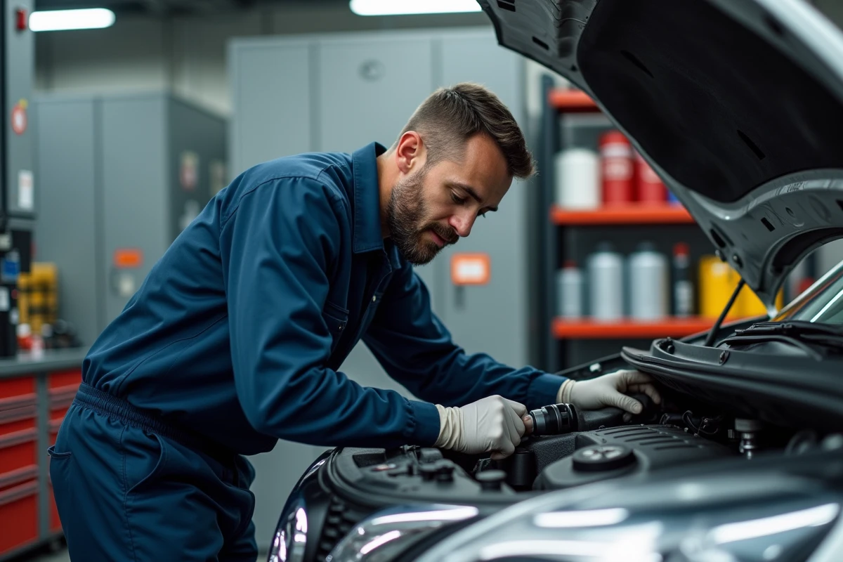 Mécanicien professionnel inspectant le moteur d'une Nissan Juke dans un atelier de réparation automobile
